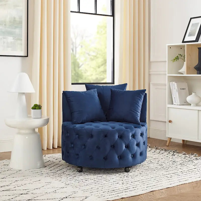 Fauteuil d'appoint pivotant moderne en velours bleu capitonné avec roulettes - Usage unique