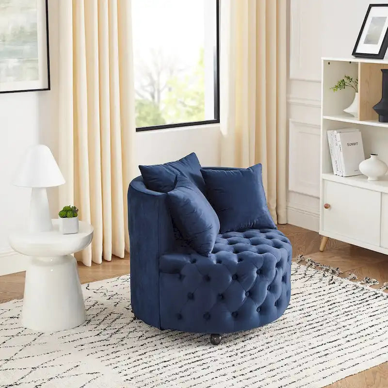 Fauteuil d'appoint pivotant moderne en velours bleu capitonné avec roulettes - Usage unique