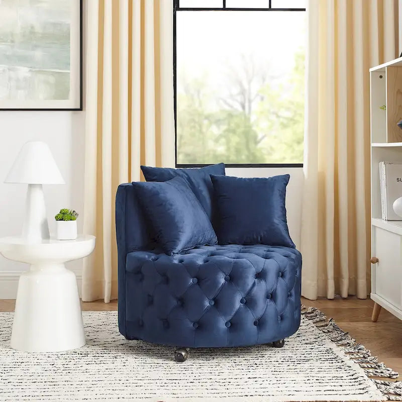Fauteuil d'appoint pivotant moderne en velours bleu capitonné avec roulettes - Usage unique