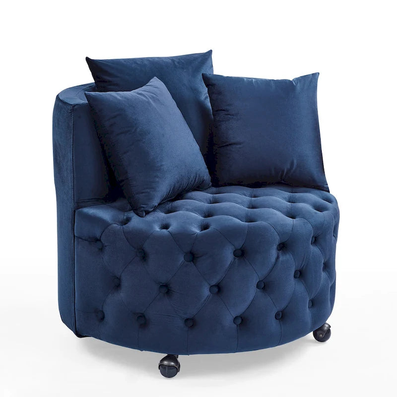 Fauteuil d'appoint pivotant moderne en velours bleu capitonné avec roulettes - Usage unique