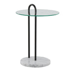 Table d'appoint contemporaine en verre transparent et marbre blanc avec structure en métal noir - Usage unique