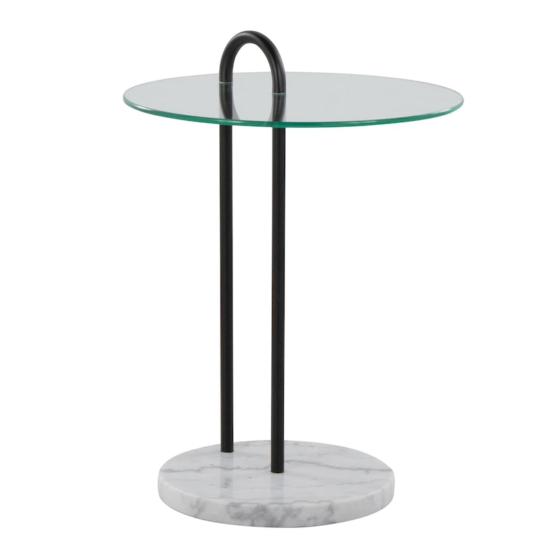 Table d'appoint contemporaine en verre transparent et marbre blanc avec structure en métal noir - Usage unique