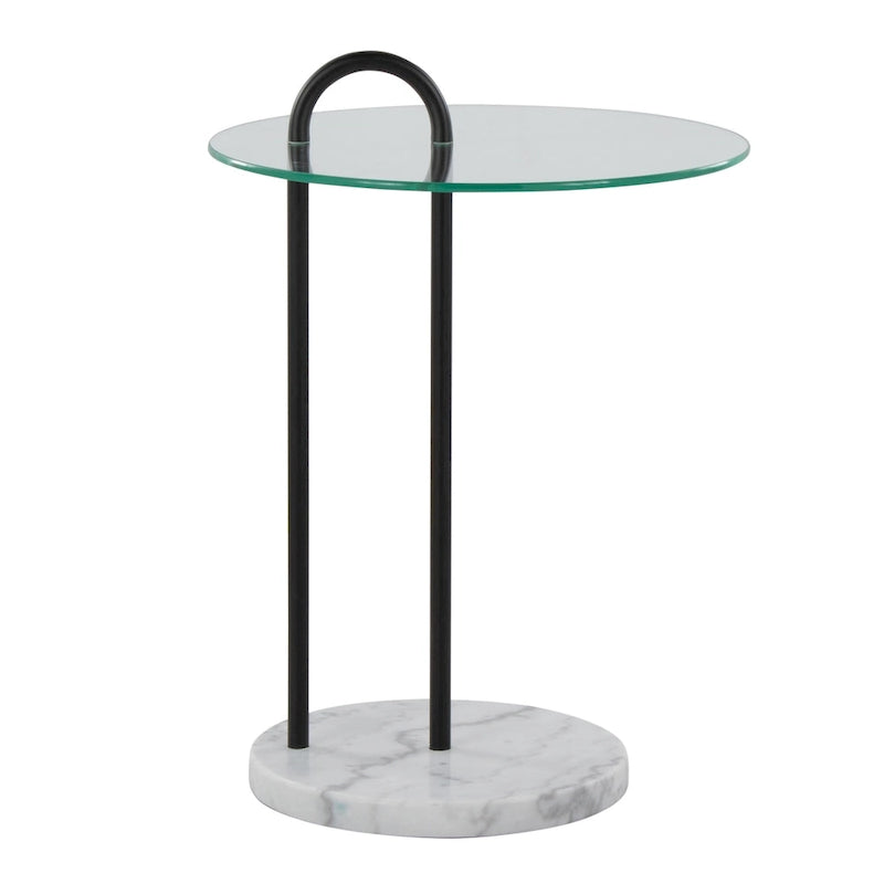 Table d'appoint contemporaine en verre transparent et marbre blanc avec structure en métal noir - Usage unique