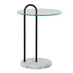 Table d'appoint contemporaine en verre transparent et marbre blanc avec structure en métal noir - Usage unique