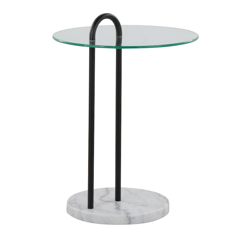 Table d'appoint contemporaine en verre transparent et marbre blanc avec structure en métal noir - Usage unique