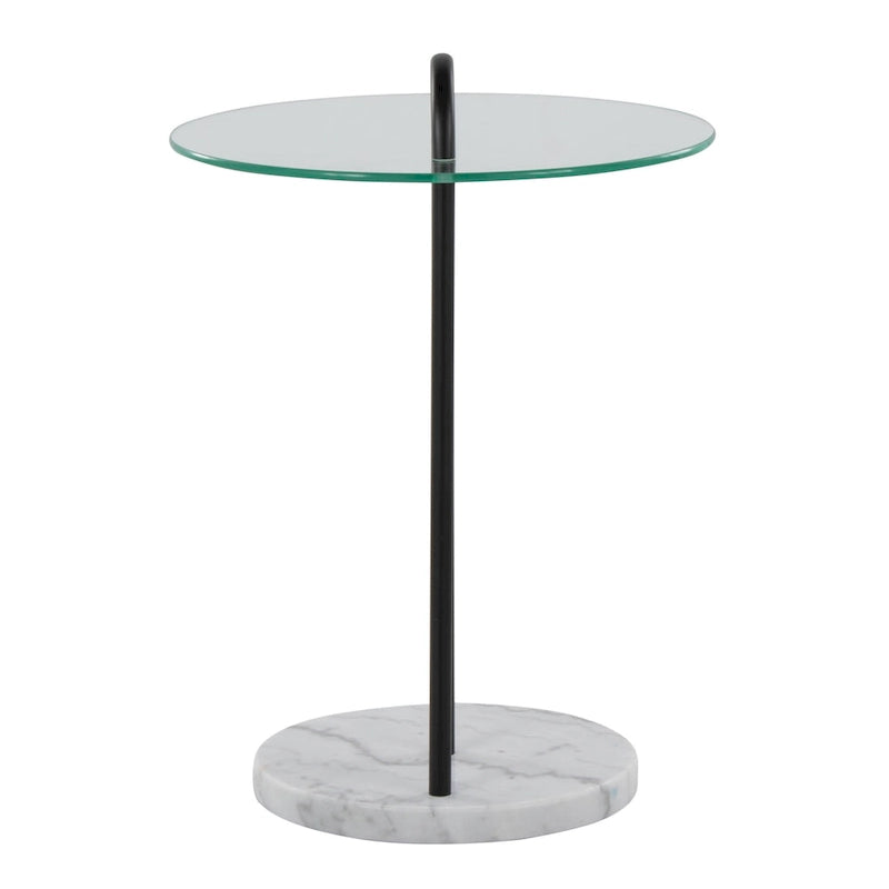 Table d'appoint contemporaine en verre transparent et marbre blanc avec structure en métal noir - Usage unique