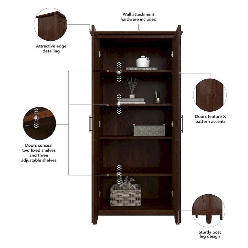 Armoire haute de rangement avec 2 portes et étagères réglables, en Chêne blanc pur / Merisier / Gris Cap Cod / Gris délavé / Chêne blanc lin / Gris Shiplap / Pin recyclé de ferme