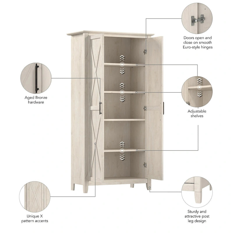 Armoire haute de rangement avec 2 portes et étagères réglables, en Chêne blanc pur / Merisier / Gris Cap Cod / Gris délavé / Chêne blanc lin / Gris Shiplap / Pin recyclé de ferme