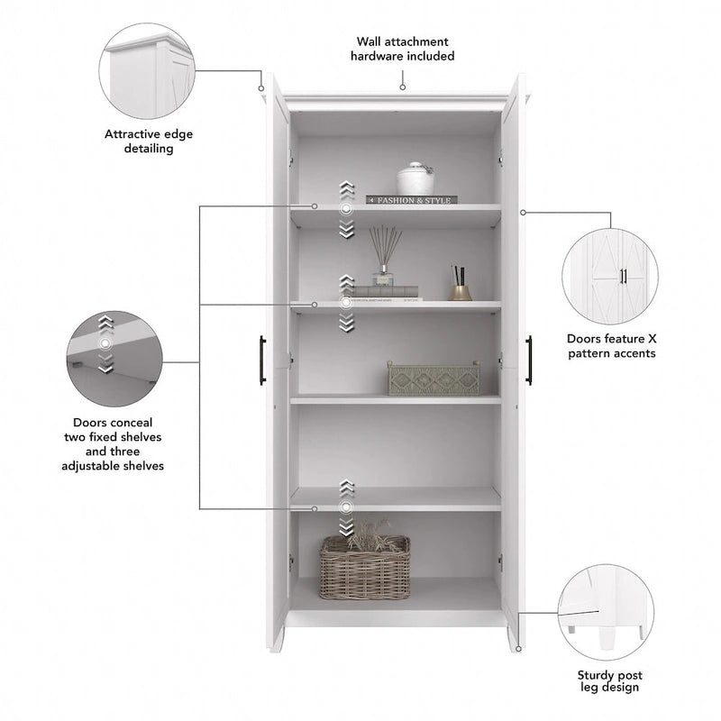 Armoire haute de rangement avec 2 portes et étagères réglables, en Chêne blanc pur / Merisier / Gris Cap Cod / Gris délavé / Chêne blanc lin / Gris Shiplap / Pin recyclé de ferme