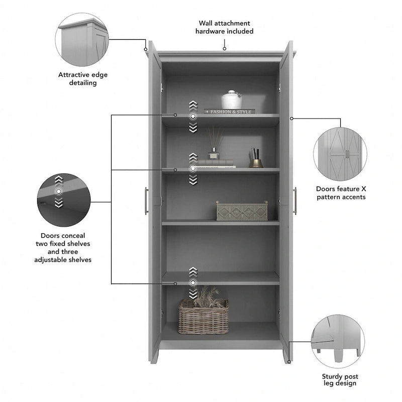 Armoire haute de rangement avec 2 portes et étagères réglables, en Chêne blanc pur / Merisier / Gris Cap Cod / Gris délavé / Chêne blanc lin / Gris Shiplap / Pin recyclé de ferme