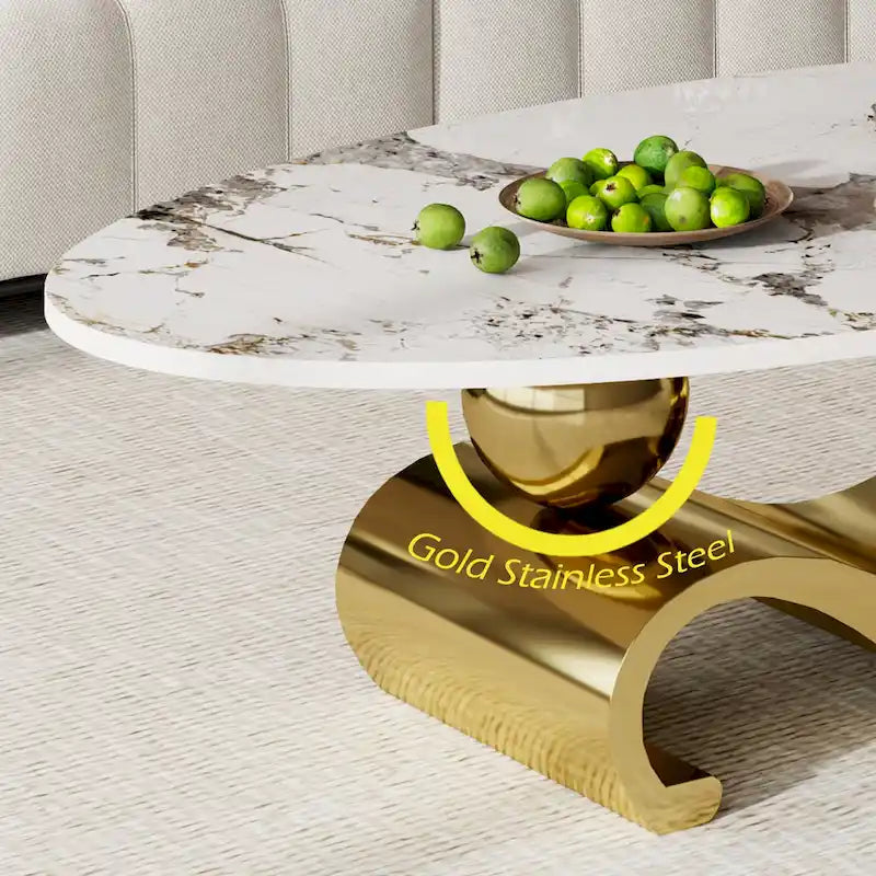 Table basse ovale Gold & Stone avec plateau en pierre frittée et base en acier inoxydable doré - Usage unique