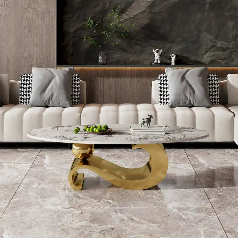 Table basse ovale Gold & Stone avec plateau en pierre frittée et base en acier inoxydable doré - Usage unique