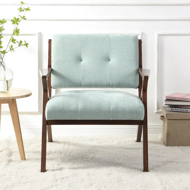 Fauteuil d'appoint vert du milieu du siècle en tissu avec pieds en bois inclinés - Usage unique