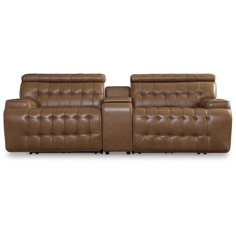 Sectionnel inclinable électrique 3 places en cuir pleine fleur couleur chocolat avec console et ports USB