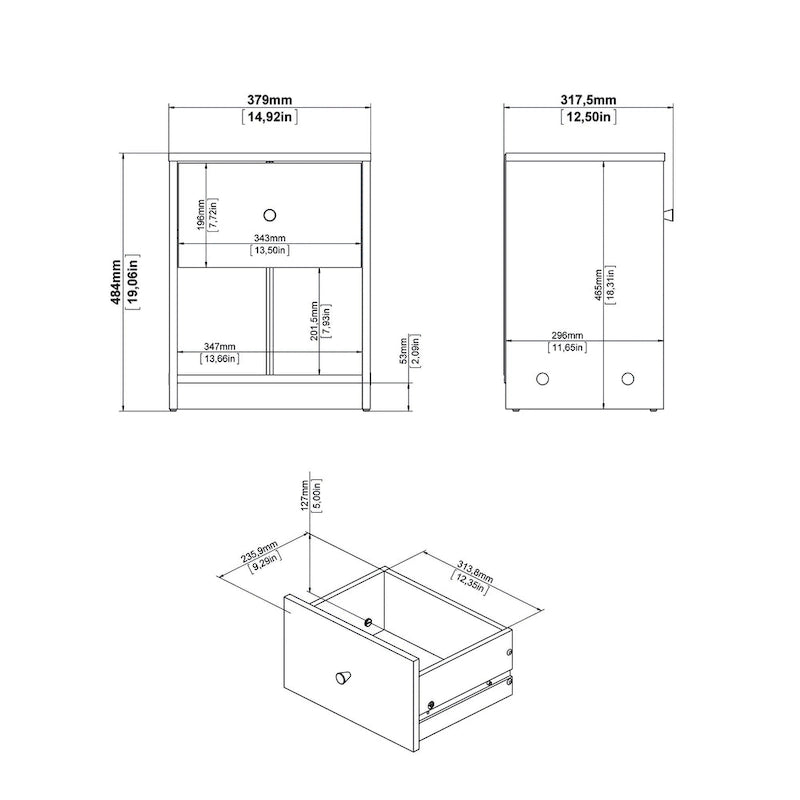 Table de chevet scandinave à 1 tiroir avec étagère ouverte - Café / Gris / Blanc / Noir / Noyer Jackson / Chêne Truffe - Usage unique