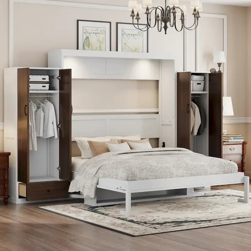 Lit escamotable Queen blanc avec armoires, tiroirs et bureau – Convient à 2 personnes