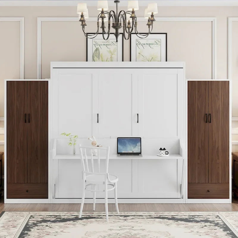 Lit escamotable Queen blanc avec armoires, tiroirs et bureau – Convient à 2 personnes