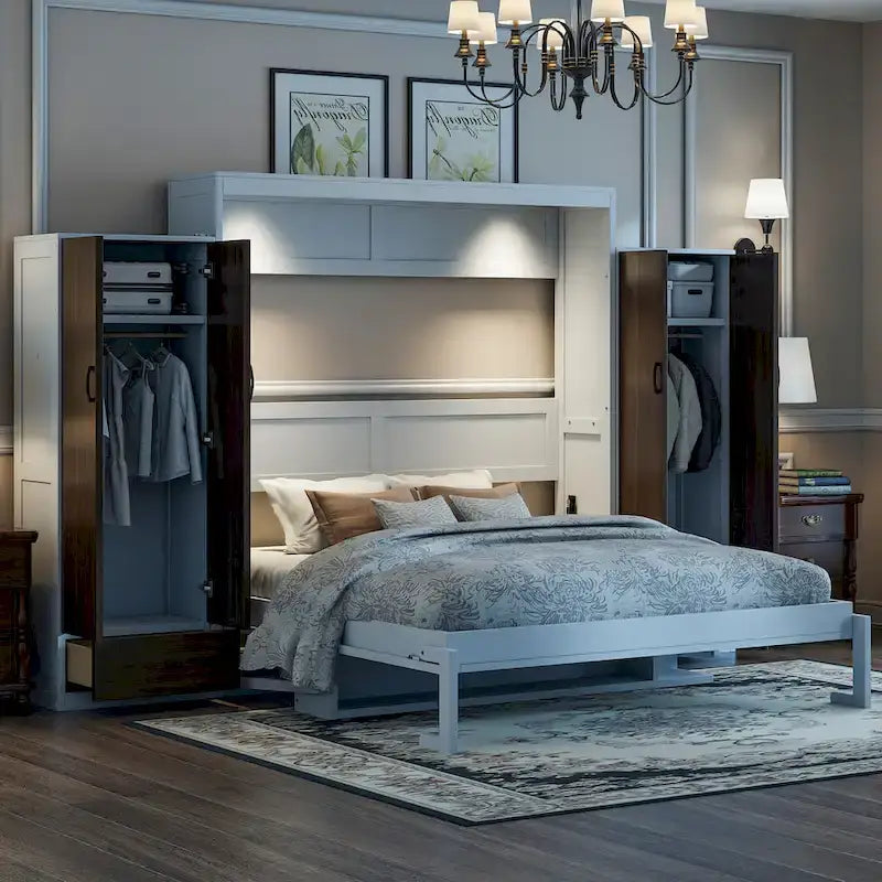 Lit escamotable Queen blanc avec armoires, tiroirs et bureau – Convient à 2 personnes