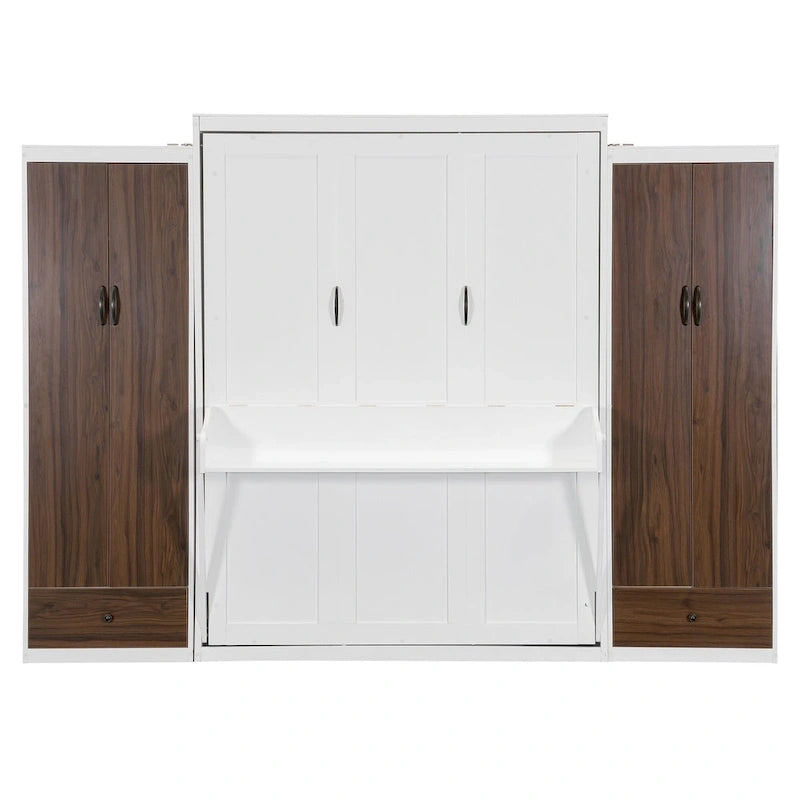 Lit escamotable Queen blanc avec armoires, tiroirs et bureau – Convient à 2 personnes