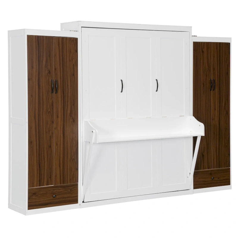 Lit escamotable Queen blanc avec armoires, tiroirs et bureau – Convient à 2 personnes