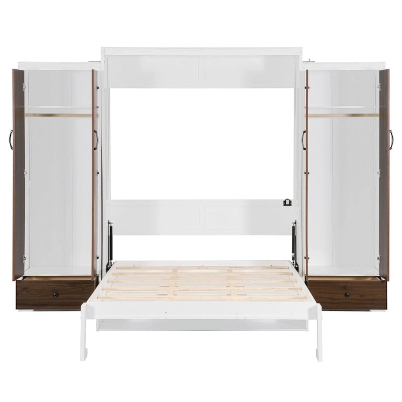 Lit escamotable Queen blanc avec armoires, tiroirs et bureau – Convient à 2 personnes