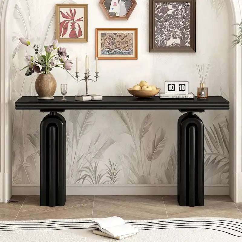 Console en placage d'acacia noir/beige, style moderne minimaliste, avec silhouette incurvée