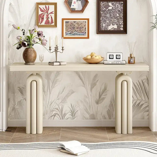 Console en placage d'acacia noir/beige, style moderne minimaliste, avec silhouette incurvée