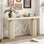 Console en placage d'acacia noir/beige, style moderne minimaliste, avec silhouette incurvée