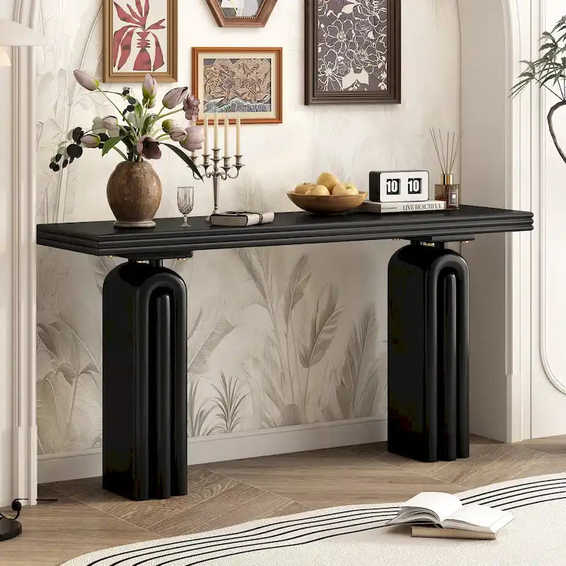 Console en placage d'acacia noir/beige, style moderne minimaliste, avec silhouette incurvée