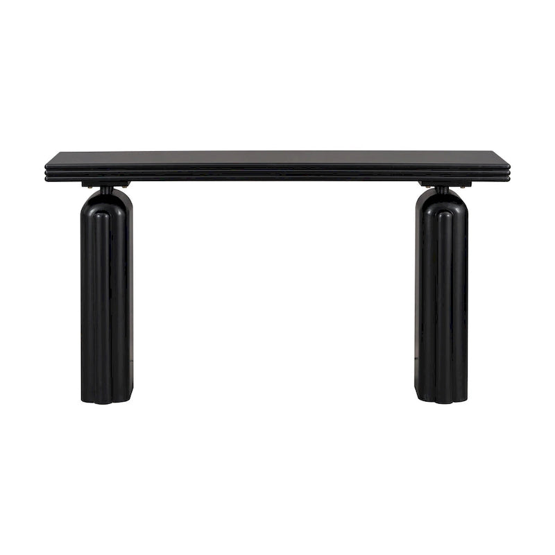Console en placage d'acacia noir/beige, style moderne minimaliste, avec silhouette incurvée
