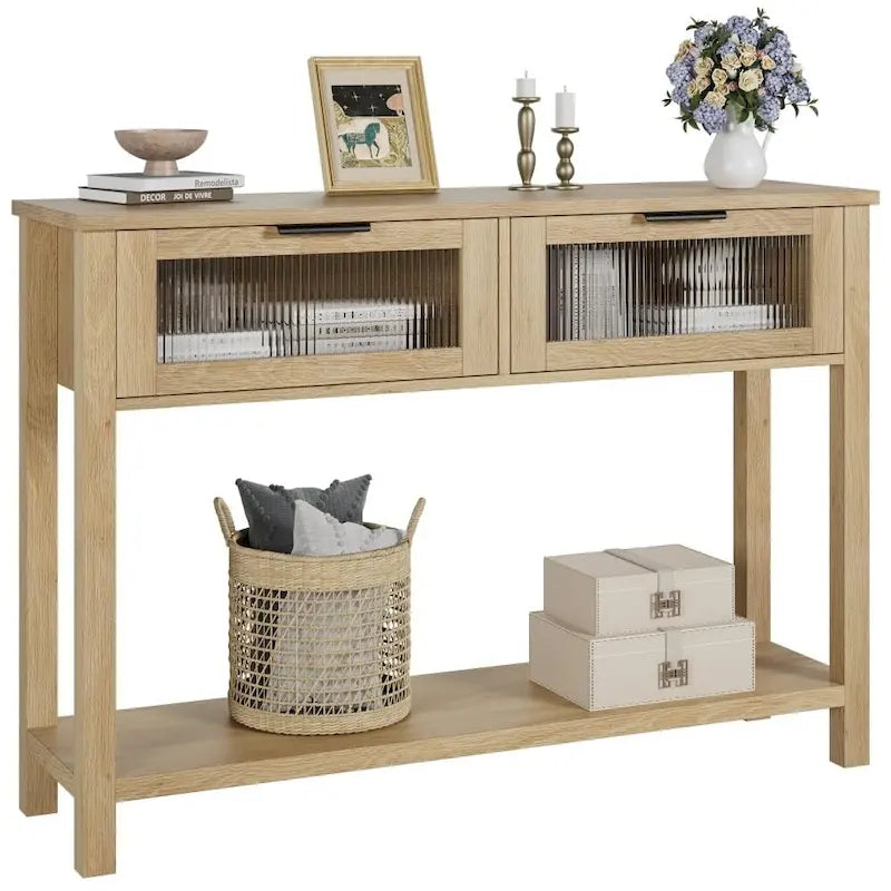 Table console rustique de ferme, coloris bois rustique/marron/noir, avec 2 tiroirs en verre et étagère à 2 niveaux - Usage unique