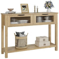 Table console rustique de ferme, coloris bois rustique/marron/noir, avec 2 tiroirs en verre et étagère à 2 niveaux - Usage unique