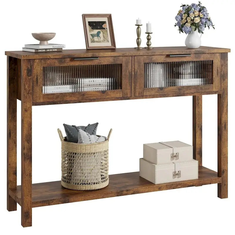 Table console rustique de ferme, coloris bois rustique/marron/noir, avec 2 tiroirs en verre et étagère à 2 niveaux - Usage unique