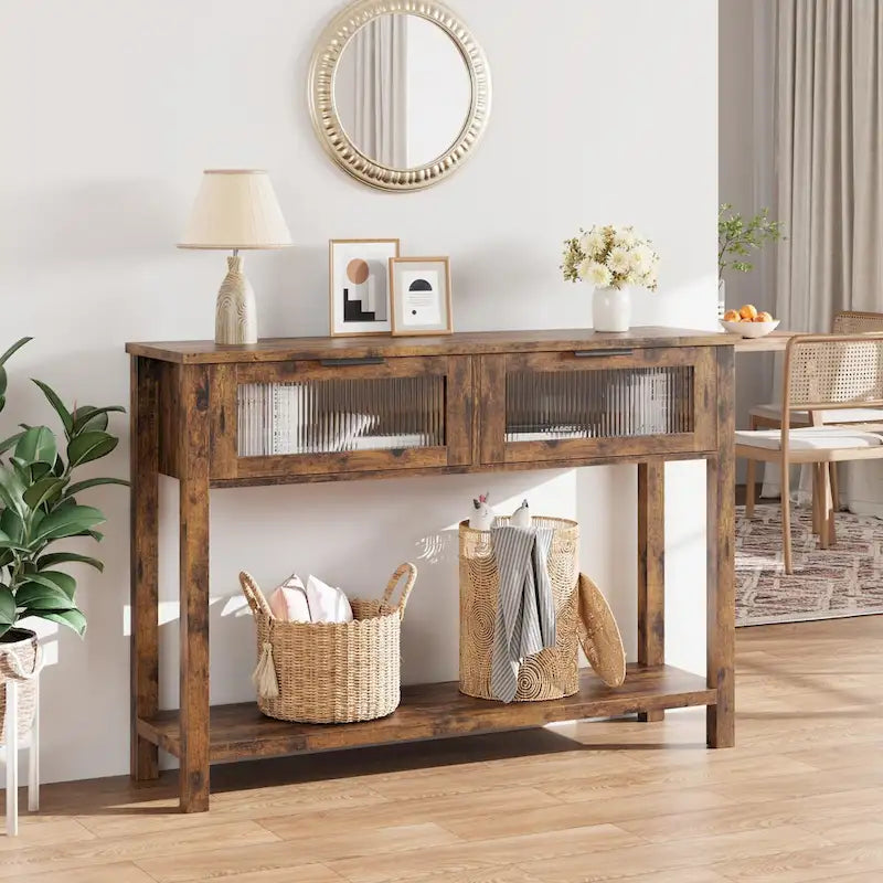 Table console rustique de ferme, coloris bois rustique/marron/noir, avec 2 tiroirs en verre et étagère à 2 niveaux - Usage unique