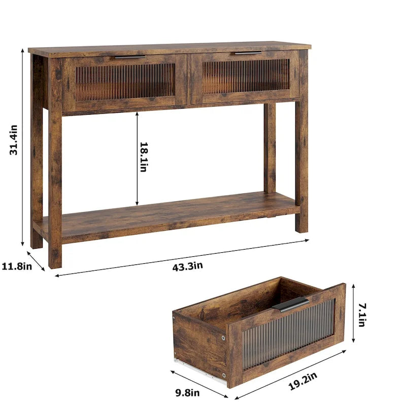Table console rustique de ferme, coloris bois rustique/marron/noir, avec 2 tiroirs en verre et étagère à 2 niveaux - Usage unique