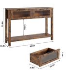 Table console rustique de ferme, coloris bois rustique/marron/noir, avec 2 tiroirs en verre et étagère à 2 niveaux - Usage unique