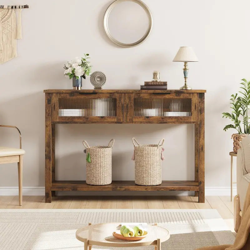 Table console rustique de ferme, coloris bois rustique/marron/noir, avec 2 tiroirs en verre et étagère à 2 niveaux - Usage unique