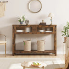 Table console rustique de ferme, coloris bois rustique/marron/noir, avec 2 tiroirs en verre et étagère à 2 niveaux - Usage unique