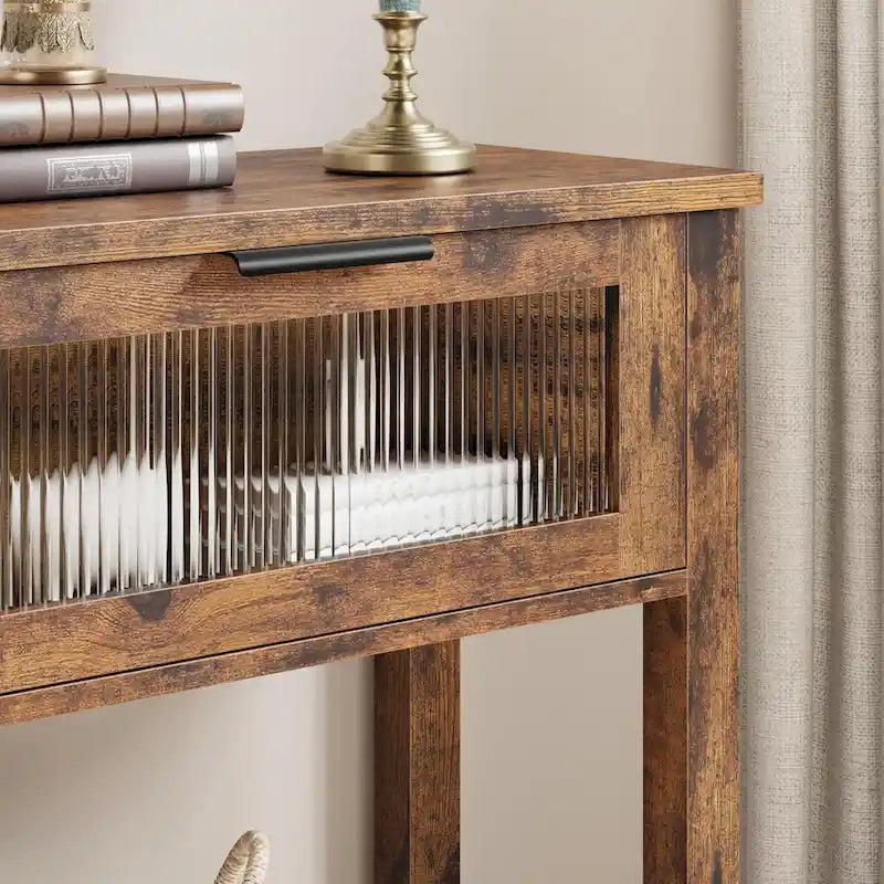 Table console rustique de ferme, coloris bois rustique/marron/noir, avec 2 tiroirs en verre et étagère à 2 niveaux - Usage unique