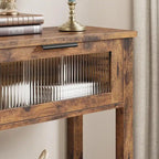 Table console rustique de ferme, coloris bois rustique/marron/noir, avec 2 tiroirs en verre et étagère à 2 niveaux - Usage unique