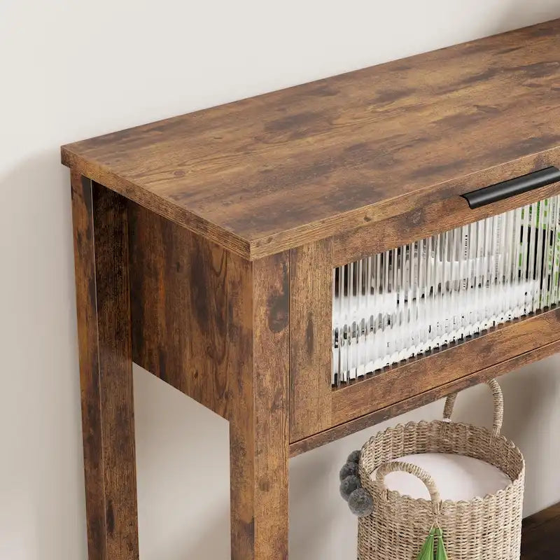 Table console rustique de ferme, coloris bois rustique/marron/noir, avec 2 tiroirs en verre et étagère à 2 niveaux - Usage unique