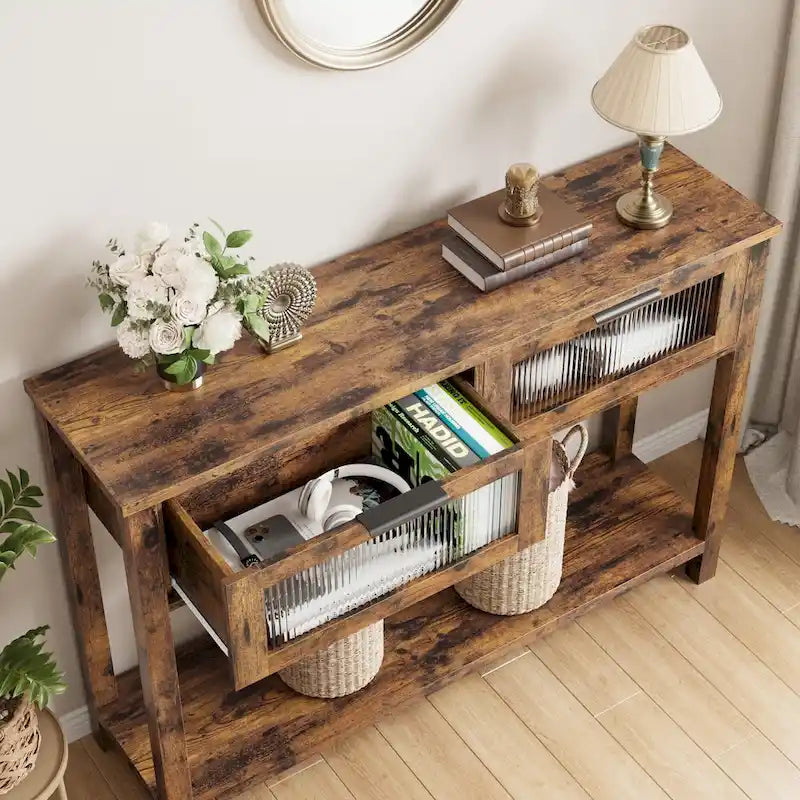 Table console rustique de ferme, coloris bois rustique/marron/noir, avec 2 tiroirs en verre et étagère à 2 niveaux - Usage unique