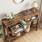 Table console rustique de ferme, coloris bois rustique/marron/noir, avec 2 tiroirs en verre et étagère à 2 niveaux - Usage unique