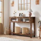 Table console rustique de ferme, coloris bois rustique/marron/noir, avec 2 tiroirs en verre et étagère à 2 niveaux - Usage unique