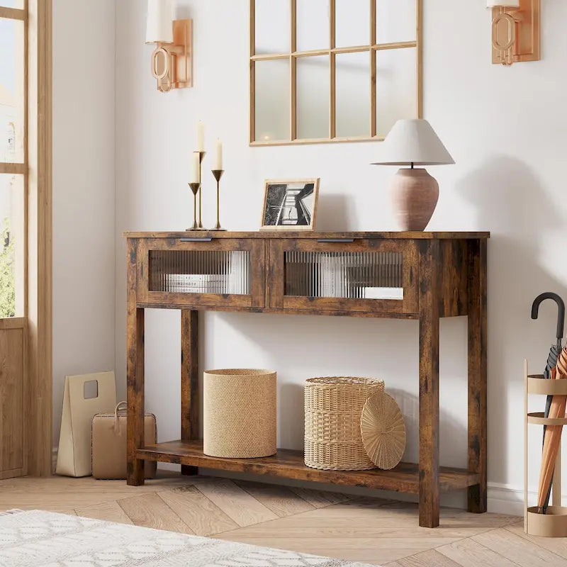Table console rustique de ferme, coloris bois rustique/marron/noir, avec 2 tiroirs en verre et étagère à 2 niveaux - Usage unique