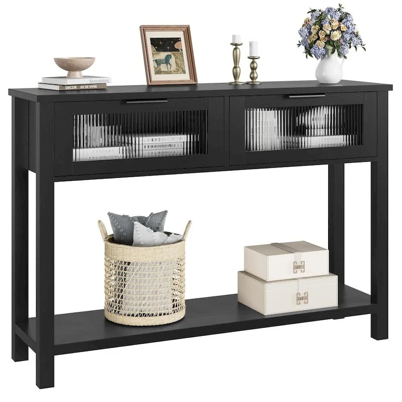 Table console rustique de ferme, coloris bois rustique/marron/noir, avec 2 tiroirs en verre et étagère à 2 niveaux - Usage unique