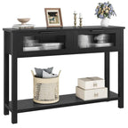 Table console rustique de ferme, coloris bois rustique/marron/noir, avec 2 tiroirs en verre et étagère à 2 niveaux - Usage unique