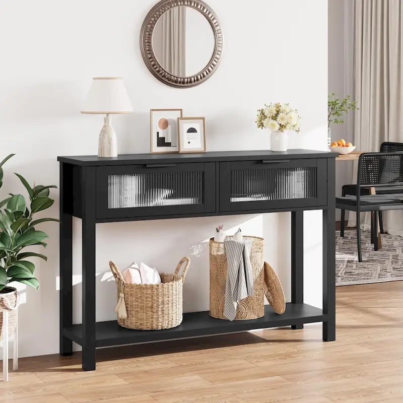 Table console rustique de ferme, coloris bois rustique/marron/noir, avec 2 tiroirs en verre et étagère à 2 niveaux - Usage unique