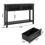 Table console rustique de ferme, coloris bois rustique/marron/noir, avec 2 tiroirs en verre et étagère à 2 niveaux - Usage unique