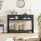 Table console rustique de ferme, coloris bois rustique/marron/noir, avec 2 tiroirs en verre et étagère à 2 niveaux - Usage unique